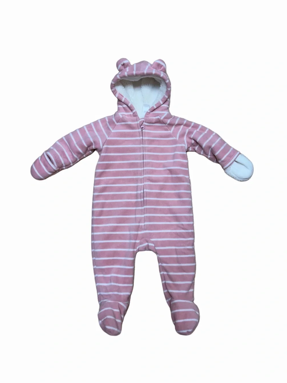 Old Navy Baby Girls Pink Striped Sherpa Lined Bear Ear Bunting 6-12M Cozy